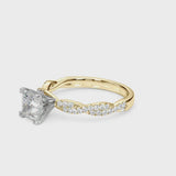 Yellow gold Princess Solitaire Twisted Pave Band with Four-Prong Setting