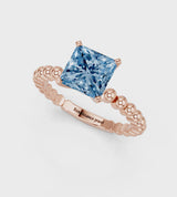 Rose gold Fancy Blue Princess Cut Diamond Solitaire Ring with Beaded Band and Prong Setting