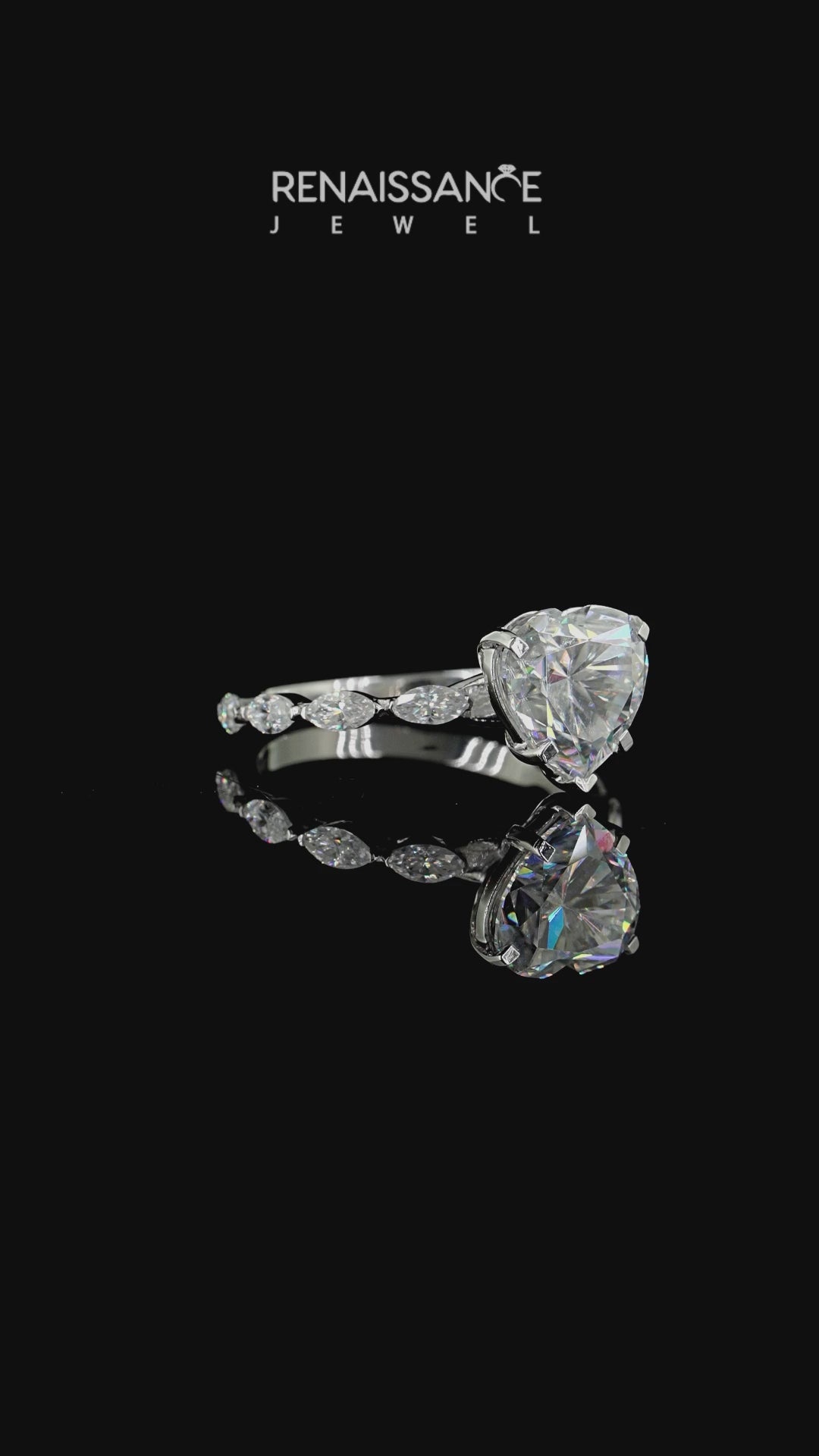 Silver Heart Cut Moissanite Ring with Marquise Side Stones and Prong Setting_16