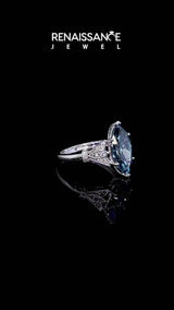 White gold Fancy Blue Marquise  Diamond Solitaire Ring with Floral Filigree and Pave Accents