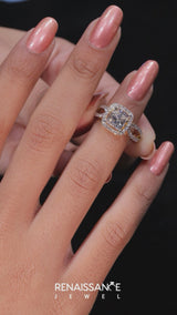 Yellow gold Radiant Cut Diamond Halo Ring with Split Shank Pavé Band and Prong Setting