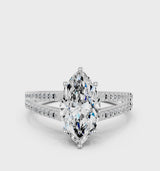 Platinum Marquise Cut Diamond Solitaire Engagement Ring with Split Shank Pavé Band
