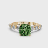 Yellow gold Fancy Green Cushion Cut Solitaire Diamond Ring with Pave Band and Four-Prong Setting
