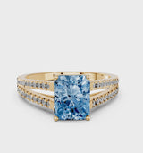 Yellow gold Fancy Blue Radiant Cut Diamond Solitaire Engagement Ring with Split Shank Pavé Band