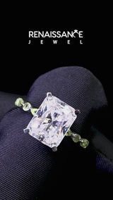 Silver Radiant Cut Diamond Ring with Marquise and Round with Peridot side stone Side Stones and Four-Prong Setting