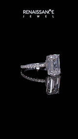 Silver Asscher Cut Diamond Pavé Engagement Ring with Round  Accents and Prong Setting