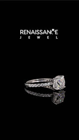 Silver Cushion Cut Moissanite Pave Band Solitaire Ring with Round  and Prong Setting