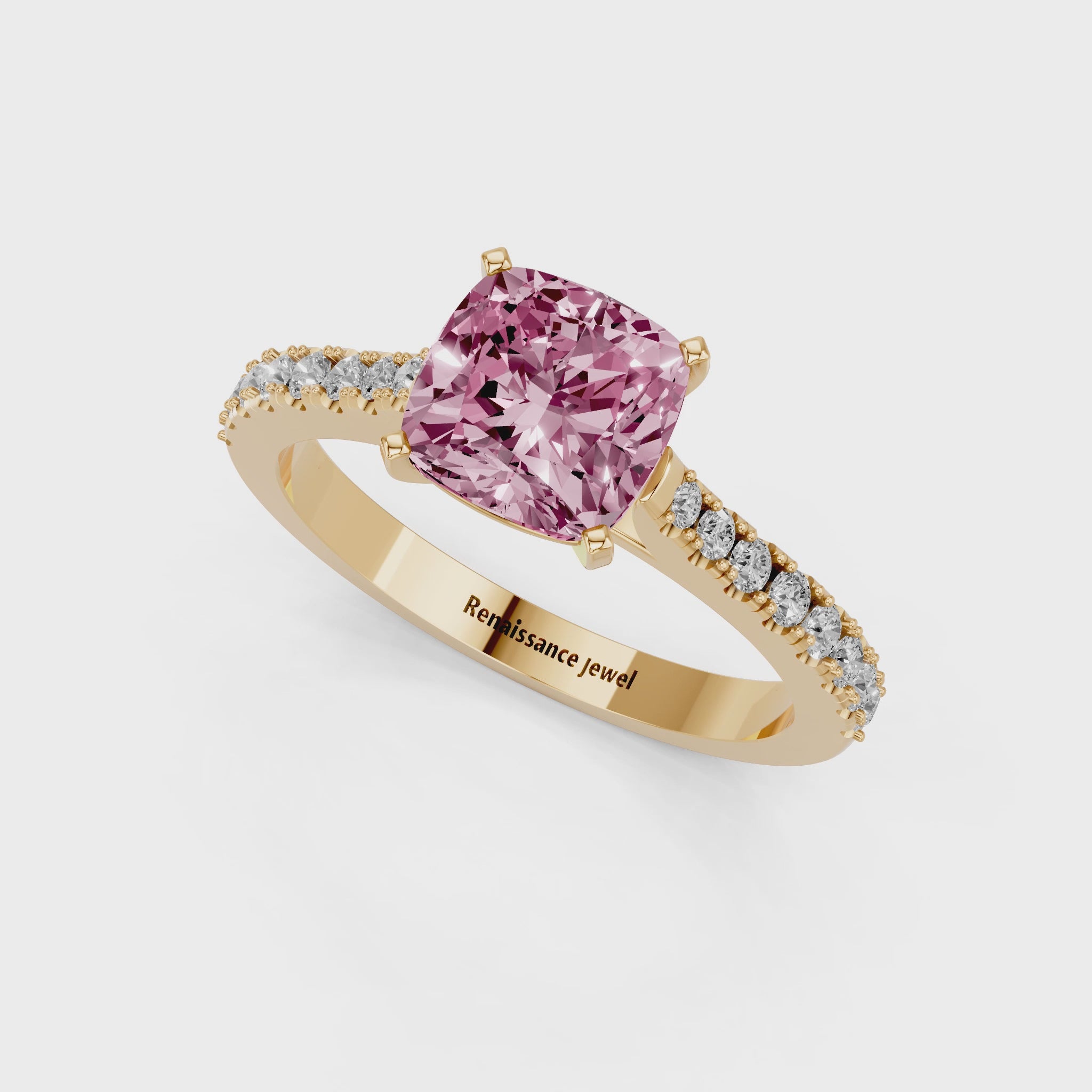Yellow gold Fancy Pink Cushion  Cut Solitaire Diamond Engagement Ring with Pave Band and Four-Prong Setting_44