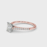 Rose gold Radiant Cut Solitaire Diamond Ring with Pave Band and Four-Prong Setting