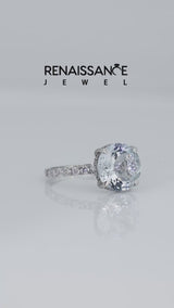 Silver Round Cut Aquamarine Solitaire Ring with Round  Pavé Band and Four-Prong Setting