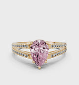 Yellow gold Fancy Pink Pear Cut Diamond Solitaire Engagement Ring with Split Shank Pavé Band