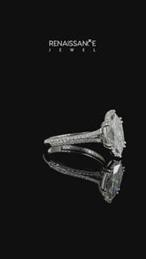 Silver Marquise Cut Moissanite Split Shank Engagement Ring with Pavé Band