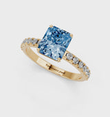 Yellow gold Fancy Blue Radiant Cut Diamond Solitaire Pavé Band with Four-Prong Setting