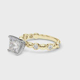 Yellow gold Princess Solitaire Bezel-Set Diamond Ring with Beaded Band and Four-Prong Setting