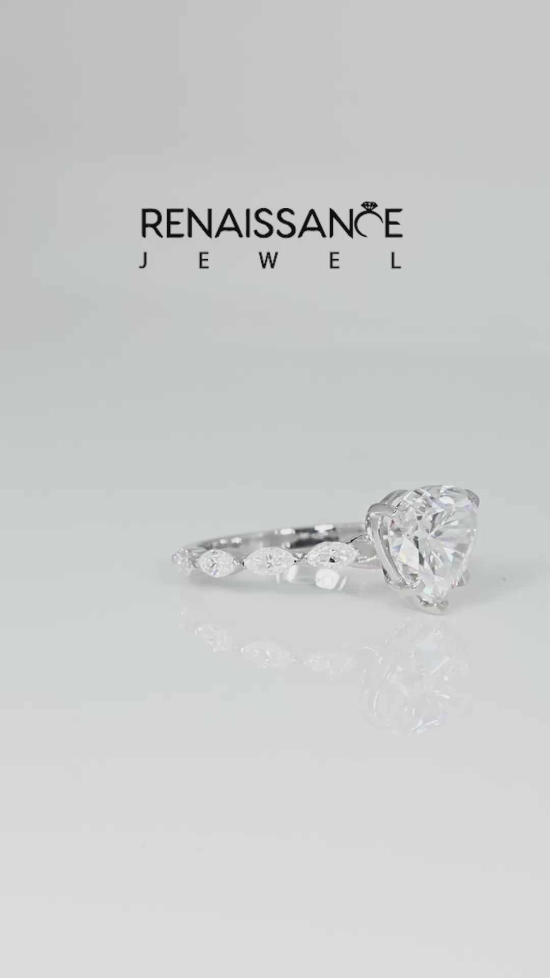Silver Heart Cut Moissanite Ring with Marquise Side Stones and Prong Setting_12