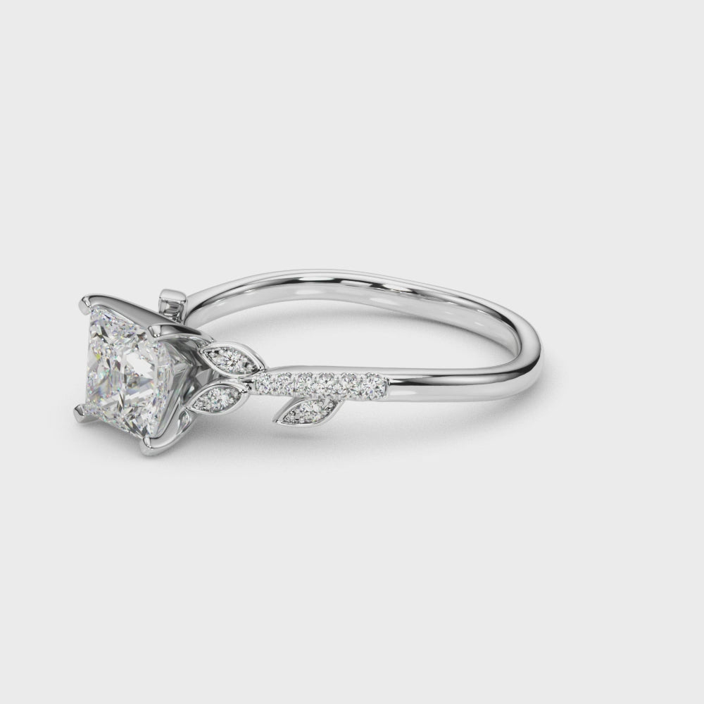 Silver Princess Solitaire Leaf-Inspired Diamond Ring with Pavé Band and Four-Prong Setting 3