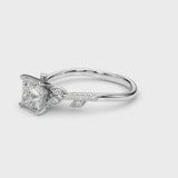 Silver Princess Solitaire Leaf-Inspired Diamond Ring with Pavé Band and Four-Prong Setting