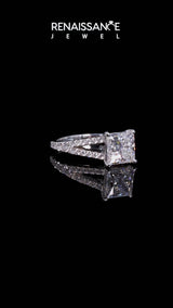 White gold Emerald Cut Diamond Split Shank Pavé Engagement Ring with Four-Prong Setting