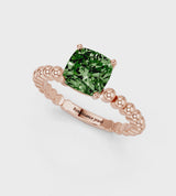 Rose gold Fancy Green Cushion Cut Diamond Solitaire Ring with Beaded Band and Prong Setting