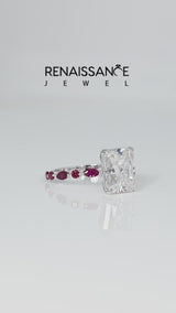Silver Radiant Cut Diamond Ring with Marquise and Round with Ruby side stone Side Stones and Four-Prong Setting