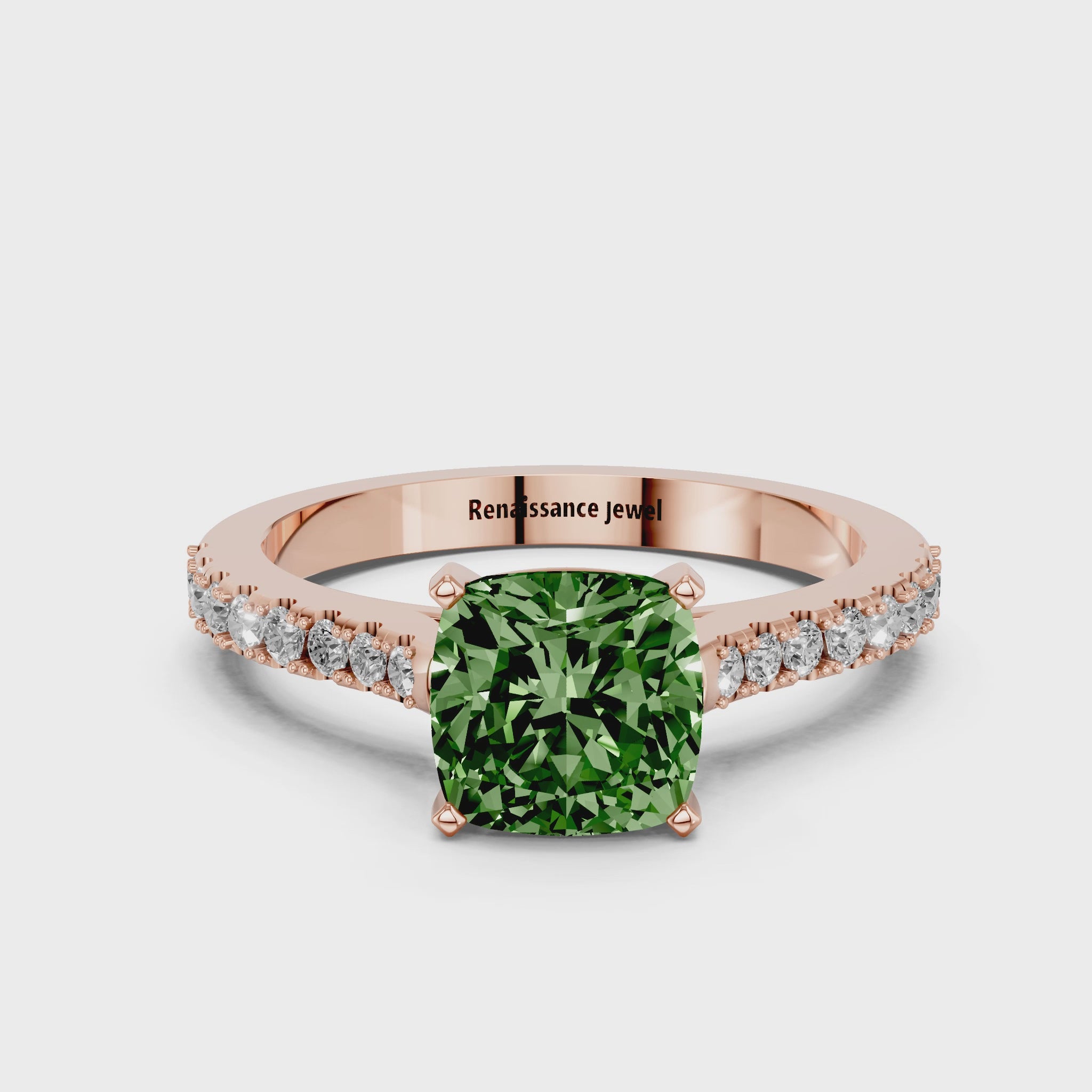 Rose gold Fancy Green Cushion  Cut Solitaire Diamond Engagement Ring with Pave Band and Four-Prong Setting_82