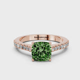 Rose gold Fancy Green Cushion  Cut Solitaire Diamond Engagement Ring with Pave Band and Four-Prong Setting