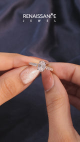 Yellow gold Oval Cut Diamond Cathedral Solitaire Ring with Round  Pavé Band