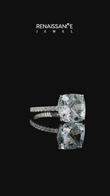 Silver Cushion Cut Aquamarine Pave Band Solitaire Ring with Round  and Prong Setting