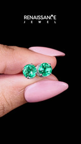 Platinum Round Cut Emerald Stud Earrings