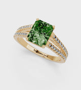 Yellow gold Fancy Green Radiant Cut Diamond Solitaire Engagement Ring with Split Shank Pavé Band