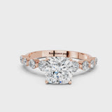 Rose gold Cushion Cut Solitaire Diamond Ring with Pave Band and Four-Prong Setting