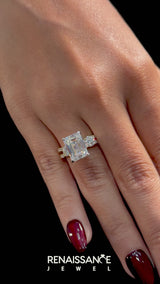 Yellow gold Emerald Cut Diamond Three-Stone Ring with Pavé Split Shank and Four-Prong Setting