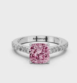 Silver Fancy Pink Cushion  Cut Solitaire Diamond Engagement Ring with Pave Band and Four-Prong Setting