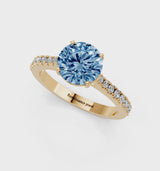 Yellow gold Fancy Blue Round  Cut Solitaire Diamond Engagement Ring with Pave Band and Four-Prong Setting