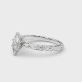 White gold Marquise Solitaire Milgrain Engraved Band with Four-Prong Setting