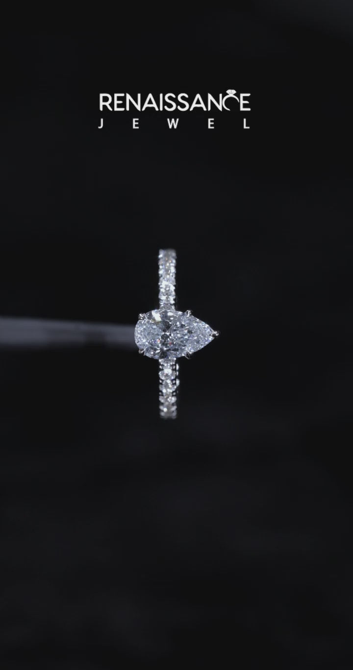 Silver Pear Solitaire Diamond Pavé Band with Four-Prong Setting 6