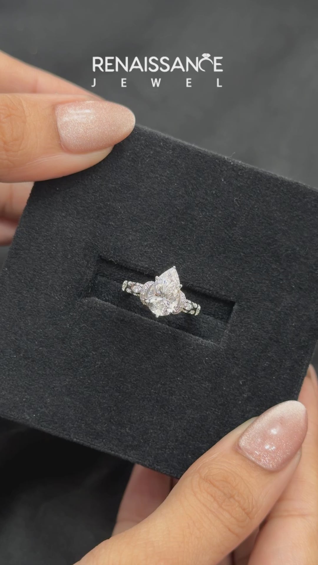 White gold Pear Solitaire Diamond Ring with Filigree Band and Four-Prong Setting_25