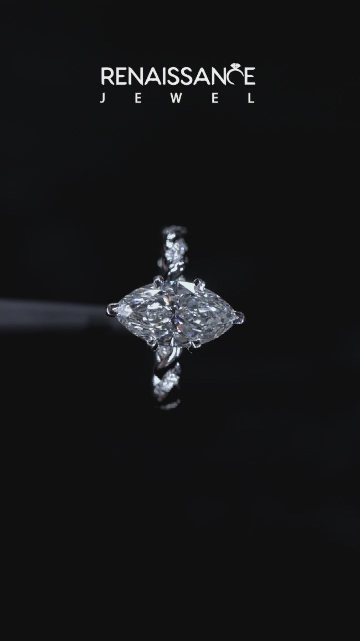 Platinum Marquise Solitaire Twisted Band with Pavé Accents and Four-Prong Setting 3