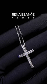 Silver Pavé Round Diamond Cross Pendant with Prong Setting