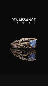 Rose gold Fancy Blue Heart Cut Diamond Leaf-Inspired Engagement Ring with Round Accents and Prong Setting