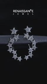 Silver Star Cluster Diamond Crescent Earrings with Round Cut Stones on a Curved Band and Prong Setting