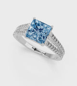 Platinum Fancy Blue Princess Cut Diamond Solitaire Engagement Ring with Split Shank Pavé Band