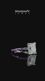 Silver Radiant Cut Diamond Ring with Marquise and Round with Amethyst side stone Side Stones and Four-Prong Setting