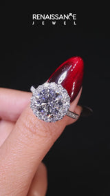 White gold Emerald Cut Diamond Floral Halo Ring with Pavé Band and Prong Setting