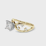 Yellow gold Princess Cut Solitaire Diamond with Side Stones on Criss-Cross Band and Four-Prong Setting