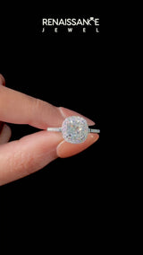 Platinum Emerald Cut Diamond Halo Ring with Split Shank and Four-Prong Setting