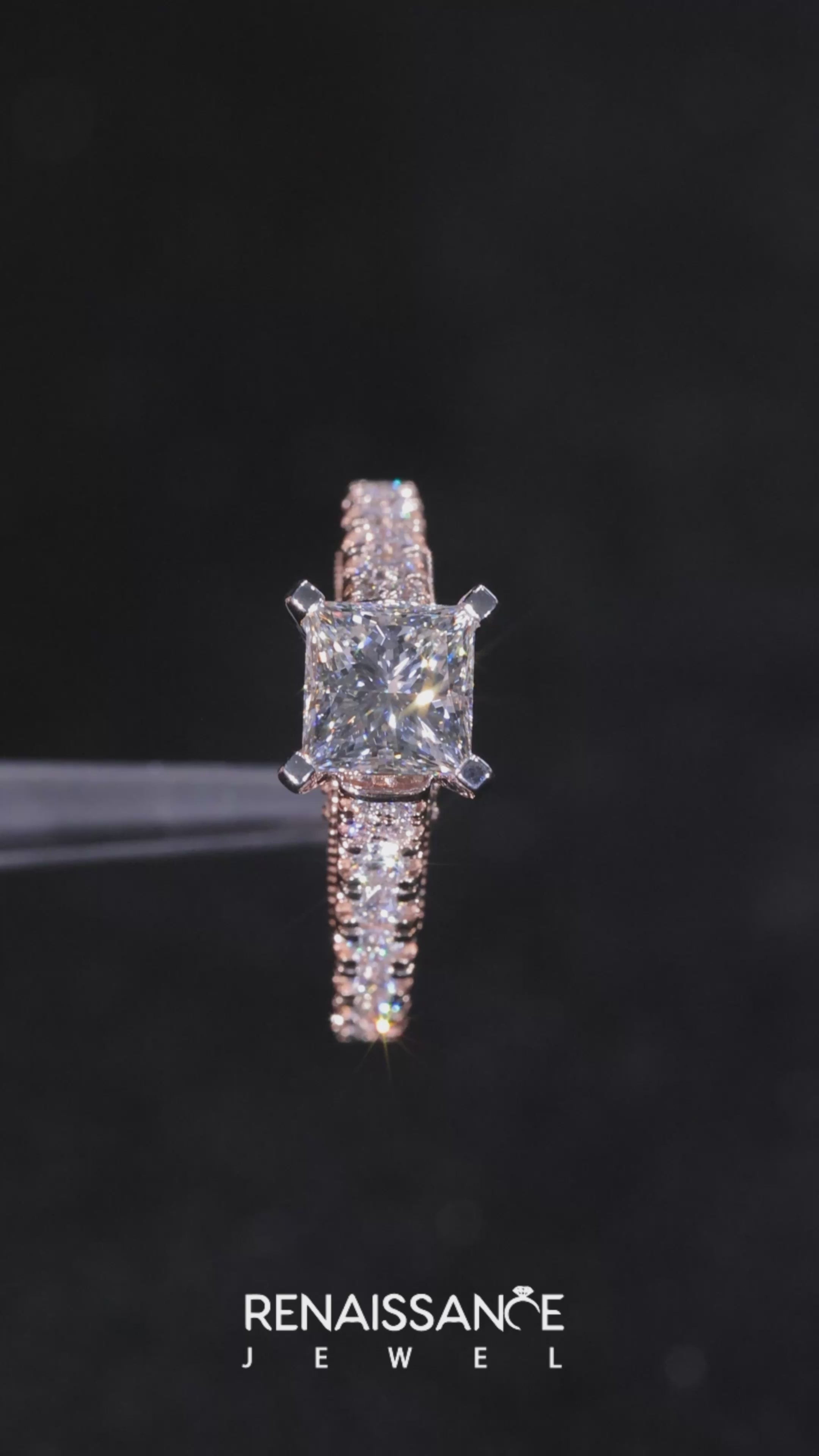 Rose gold Princess Cut Diamond Pavé Band Solitaire with Four-Prong Setting 5