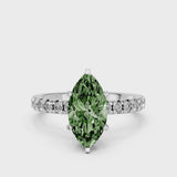 White gold Fancy Green Marquise  Solitaire Pave Diamond Engagement Ring with Four-Prong Setting