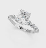 White gold Radiant Cut Solitaire Diamond Ring with Pave Band and Four-Prong Setting