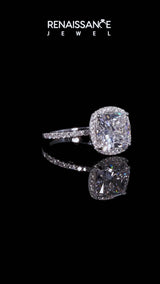Silver Round Cut Diamond Floral Halo Engagement Ring with Pavé Band and Prong Setting